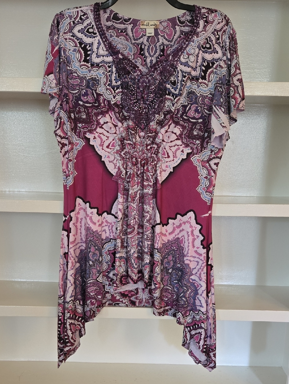 World Unity Beaded V-Neck Paisley Tunic Top - Purple
